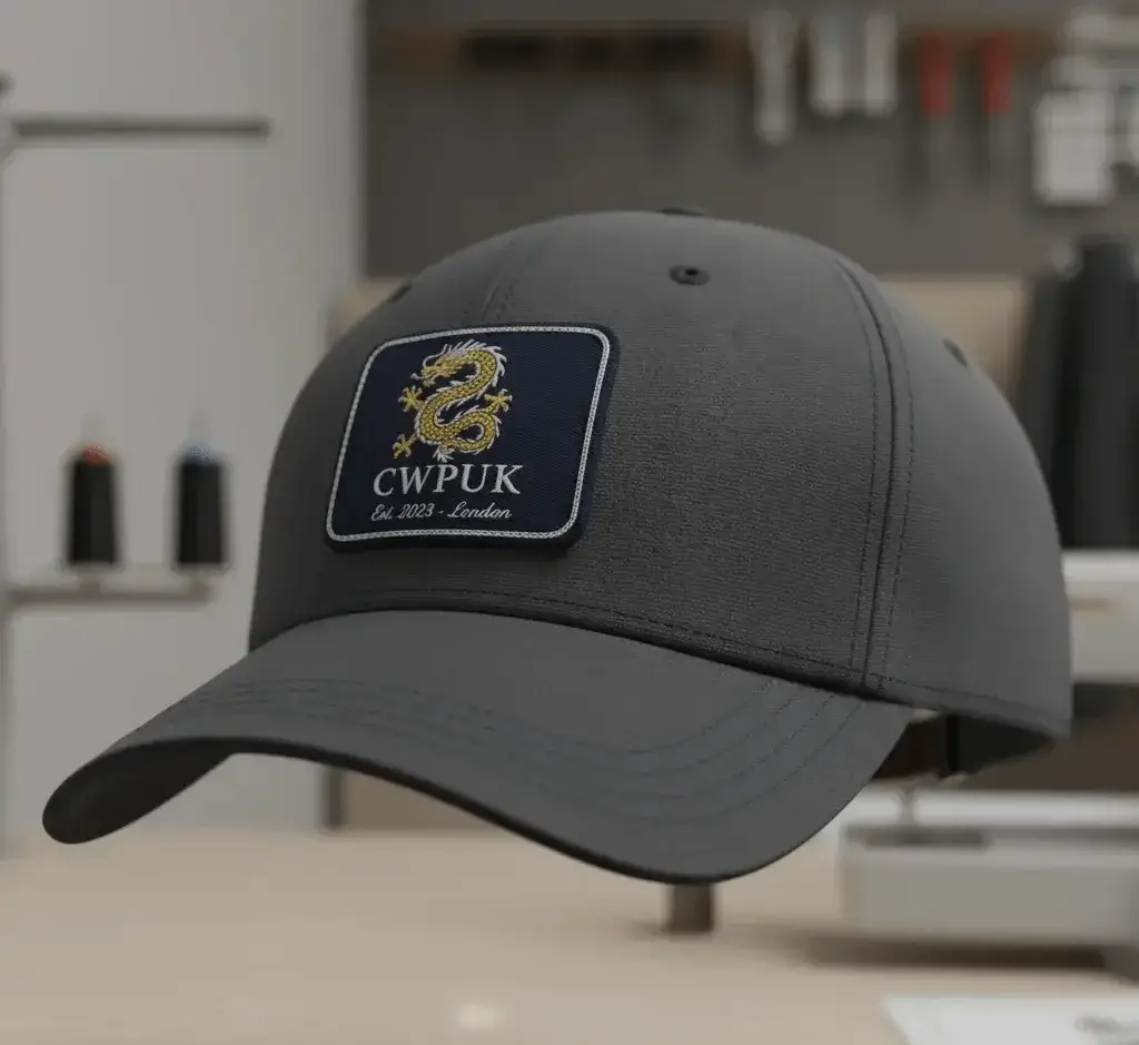 Woven patches on hats and caps